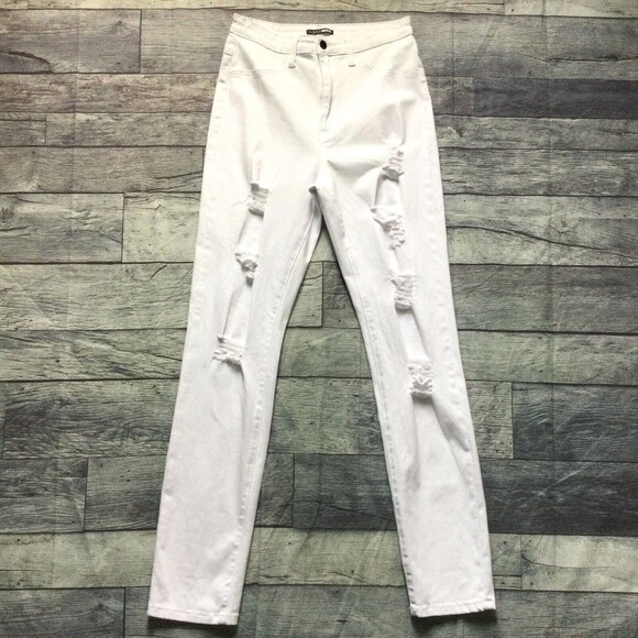 FASHION NOVA Womens Jeans sz 15 Junior White Distressed High Rise Skinny Stretch - Picture 1 of 10